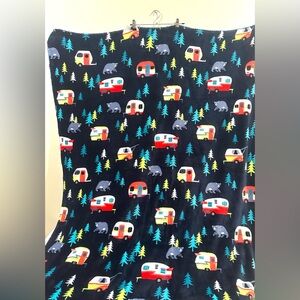 Christmas Vintage Camper Camping Fleece Blue Throw Blanket Bears Trees Big 50x60